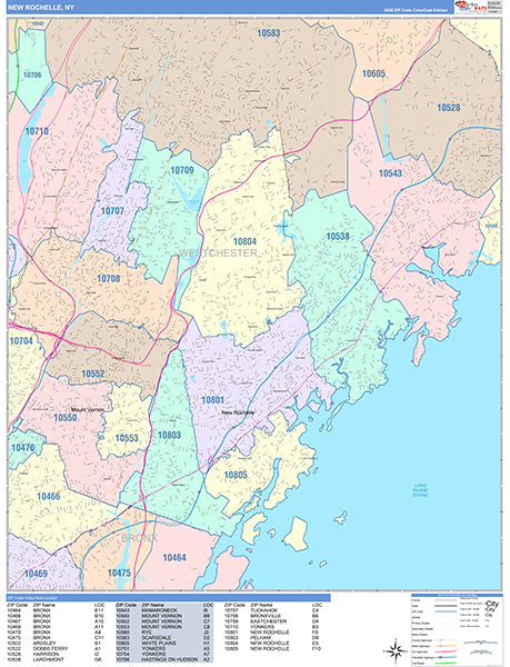 New Rochelle City Wall Map Color Cast Style